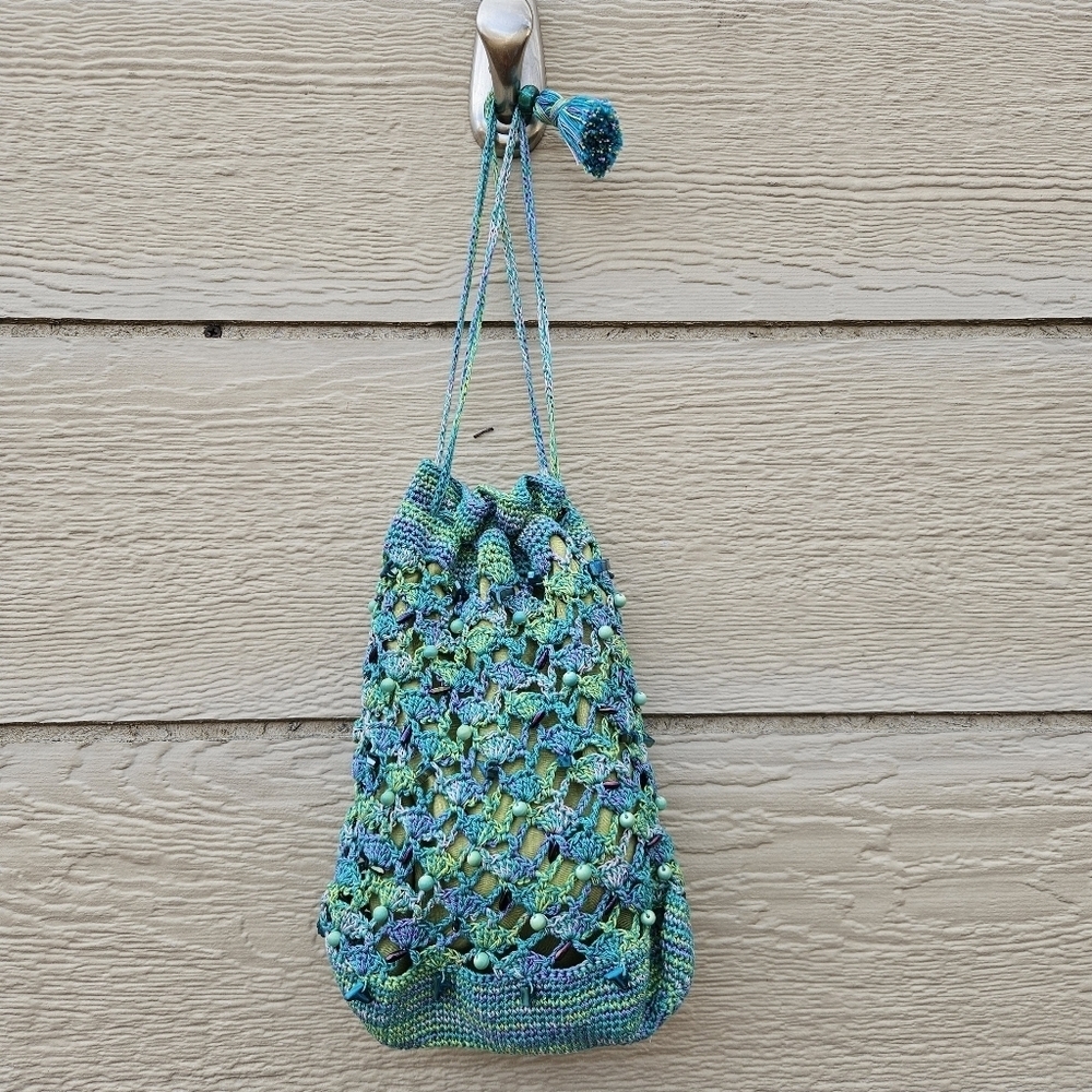 crochet beaded drawstring bucket clutch blue green purple